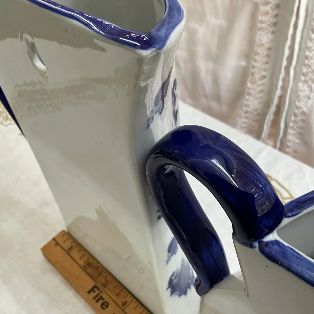 Blue White Floral Chinoiserie Wall Pocket Pitcher Ceramic Vases Cottagecore 2pc